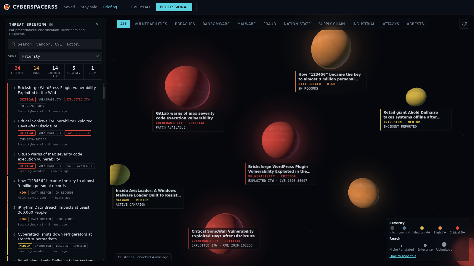The app set to Professional: a darker look, with planets labelled by headline, category and severity in the field's own terms.