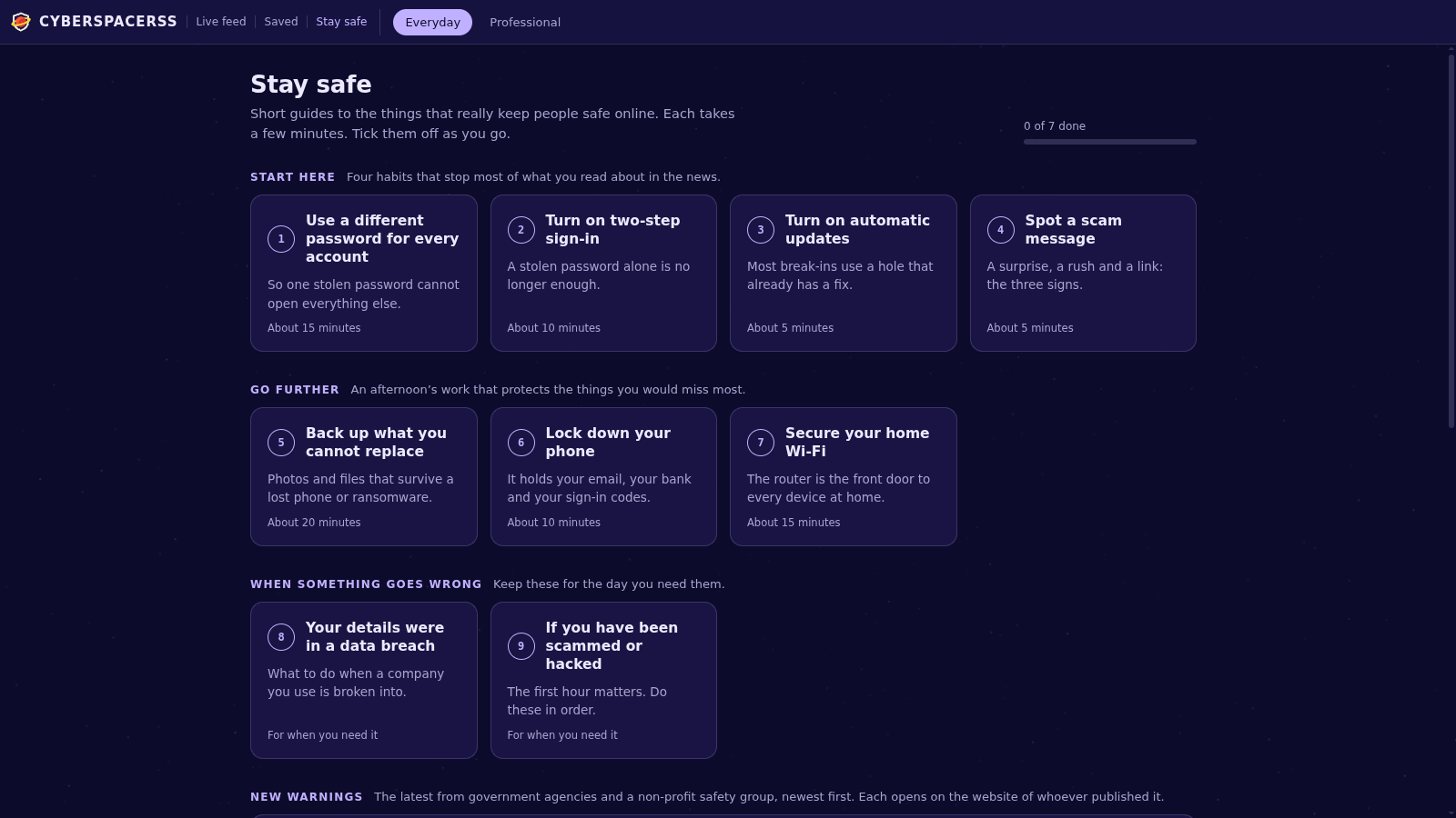 The Stay safe screen: guide cards in groups, beginning with Start here, each a short task such as using a different password for every account, with a progress bar.